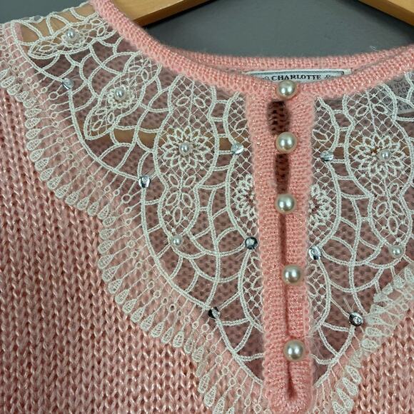 VINTAGE 1980’s Pink Sweater Coquette Pearl Beaded Fuzzy Lace Girly Soft Size M - Picture 5 of 12